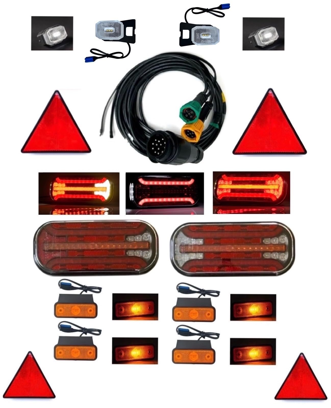 Kit Fanali Posteriori Rimorchio – 2x Luci LED 6 Funzioni Freccia Dinamica + Luci Ingombro + Cavo 12V 24V Certificazione E9 Roulotte Camion Trattore