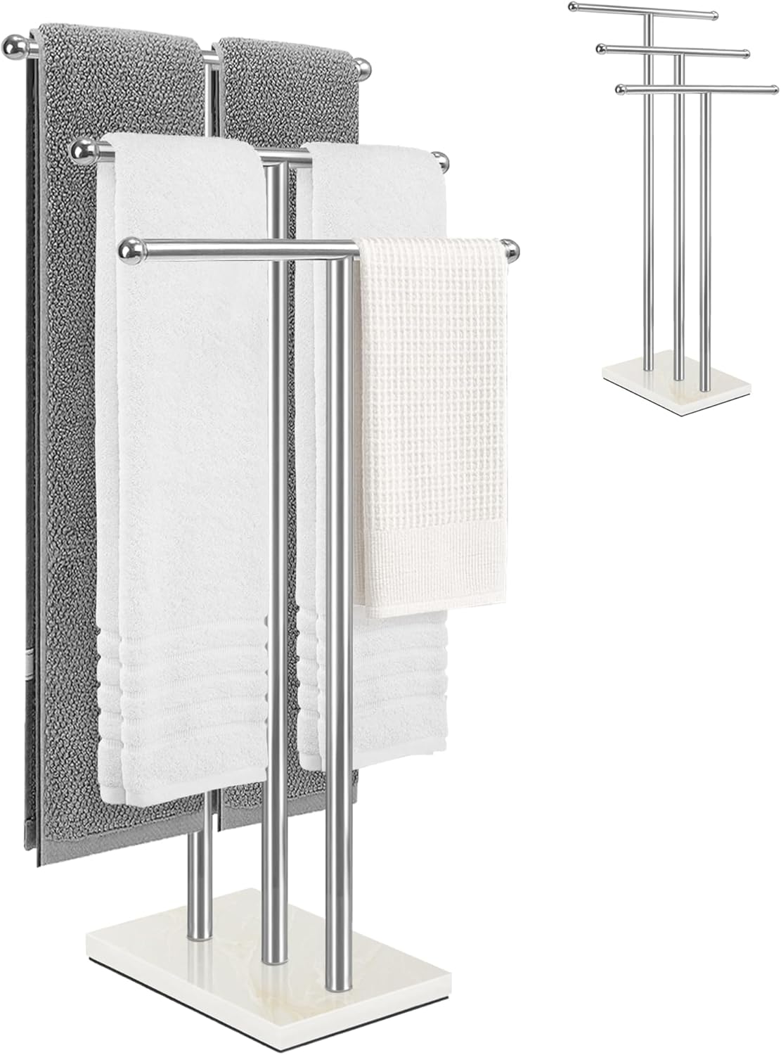 Standing Towel Rack with Marble Base, 2-Tier Free Standing Towel Racks for Bathroom, 40" Height Floor Towel Stand Holder for Bathroom, White