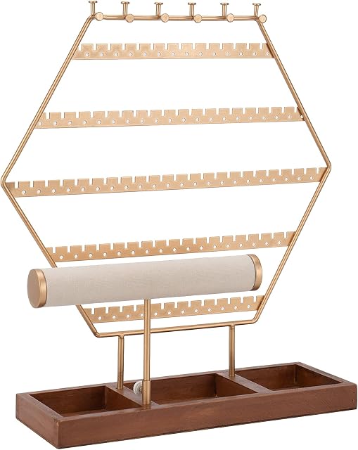 Earring Holder Stand Earring Display Stand Hexagon Earring Organiser 6-Tier Jewellery Stand Organiser jewellery Holder Tower with Wooden Tray for jewellery Display