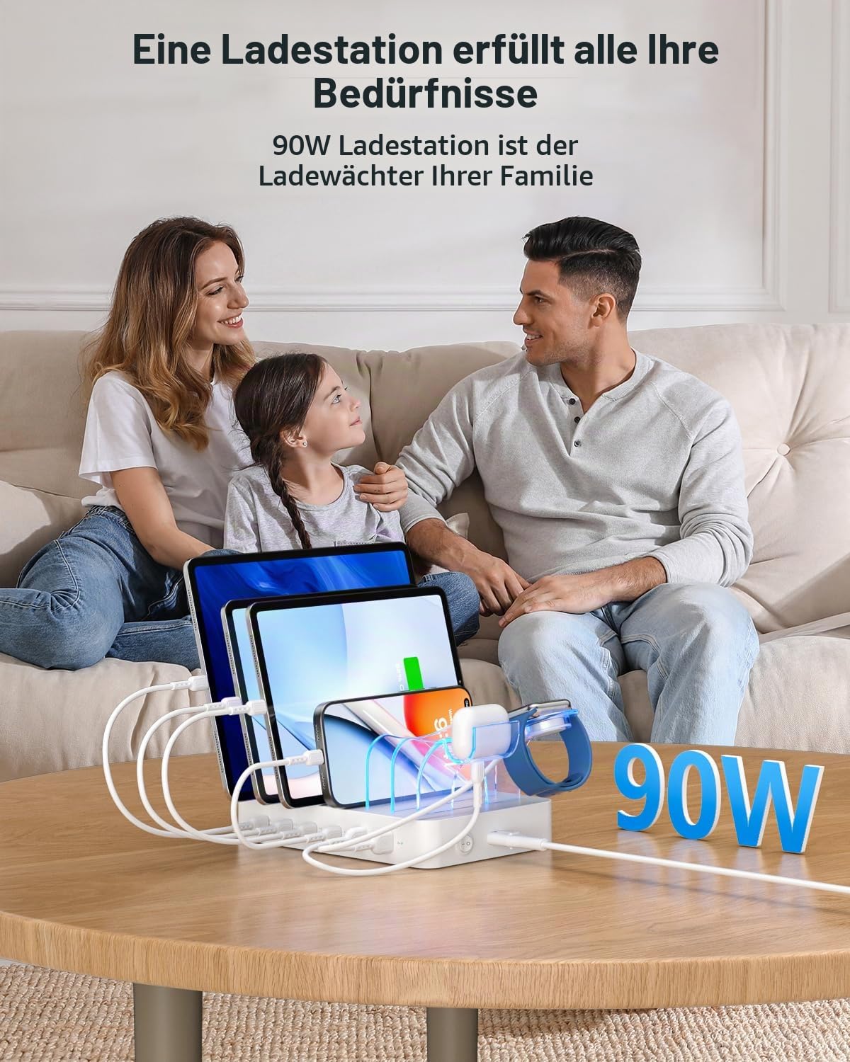 SooPii 90W USB C Ladestation für mehrere Geräte mit 6 Nylon Kurzen Kabels | 6-Port Multi Ladestationen mit PD 20W Ladedock für lPhone, Galaxy, iPad, Tablet und weitere elektronische Geräte,Weiß