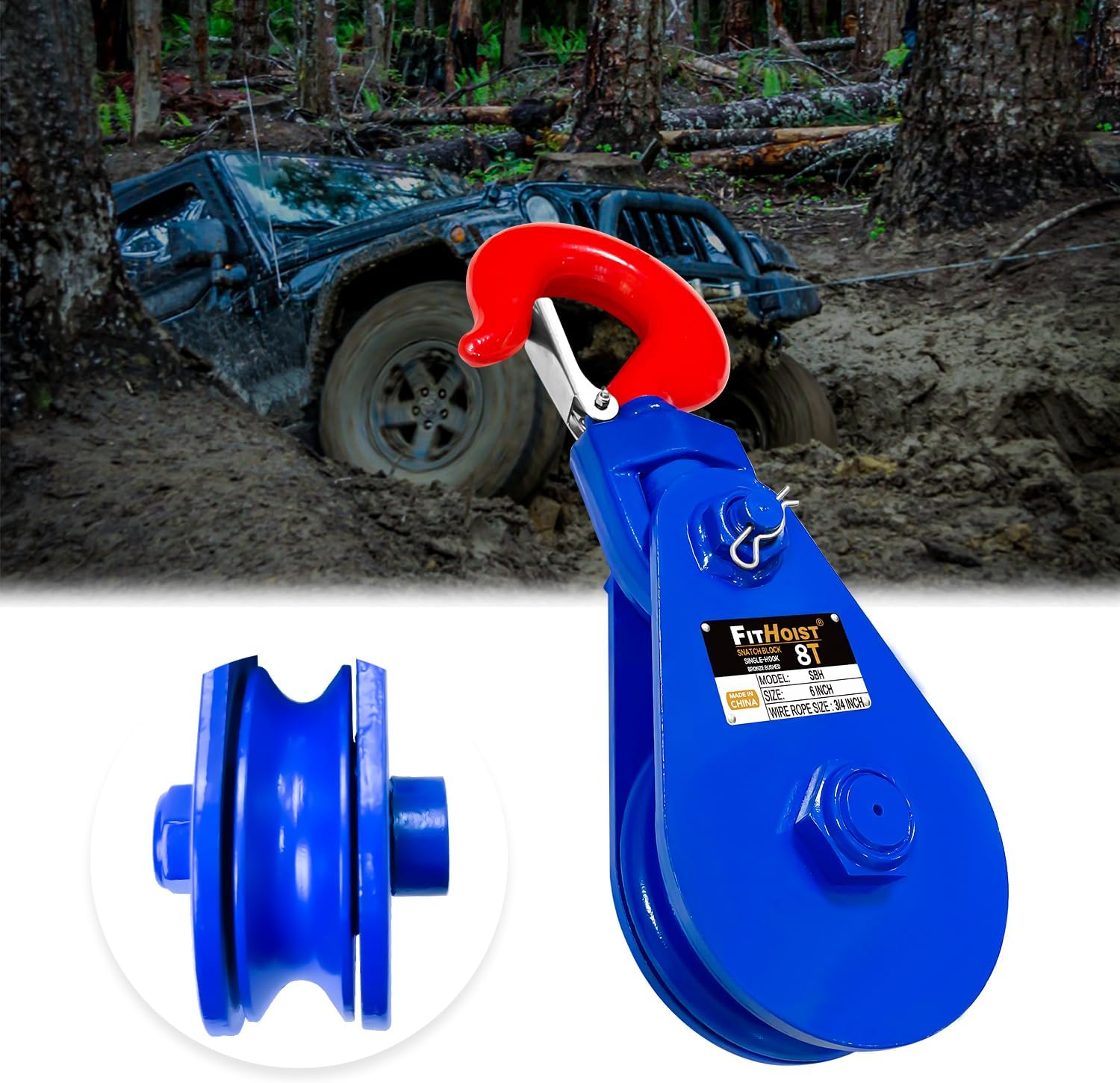 4Tons(8800lbs) Snatch Block with Hook | 4 1/2" Sheave for 1/2" Inch Wire Rope | High Strength Snatch Blocks for Towing and Recovery Applications | Tow Truck Rollback Wrecker Car Hauler Winch