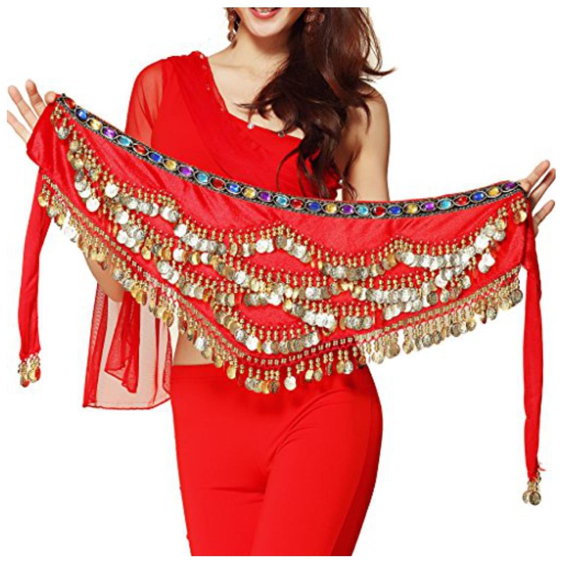 VRITRAZ Women's Velvet Belly Dance Hip Scarf Waistband Belt Skirt with Multi color beads and 300 Ringy Golden Coins 300 All-image-24