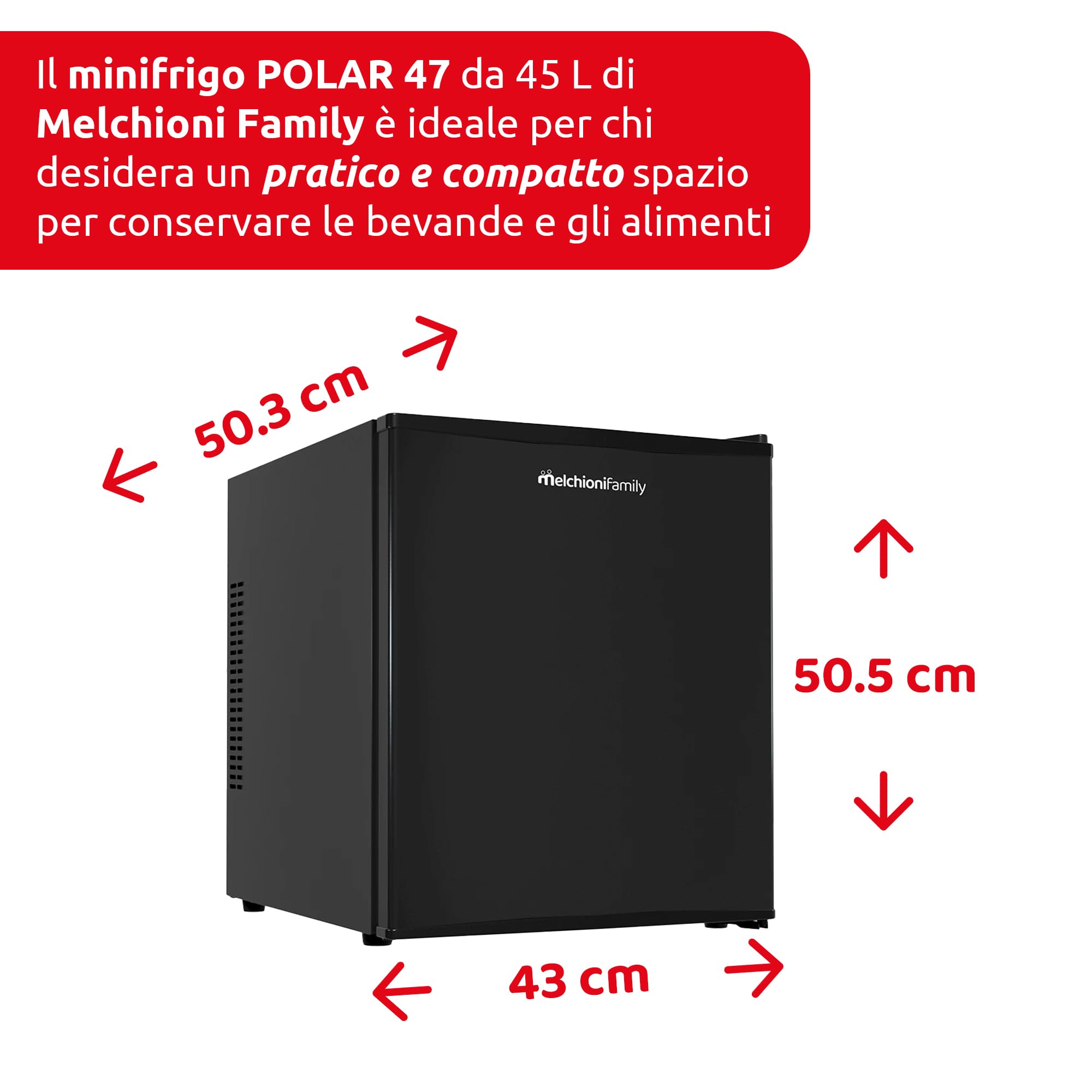Melchioni Family | Nevera Pequeña Capacidad Total de 47 Litros, Minibar Termoeléctrico con Luz LED, Clase E, Modelo Polar 47, Color Negro