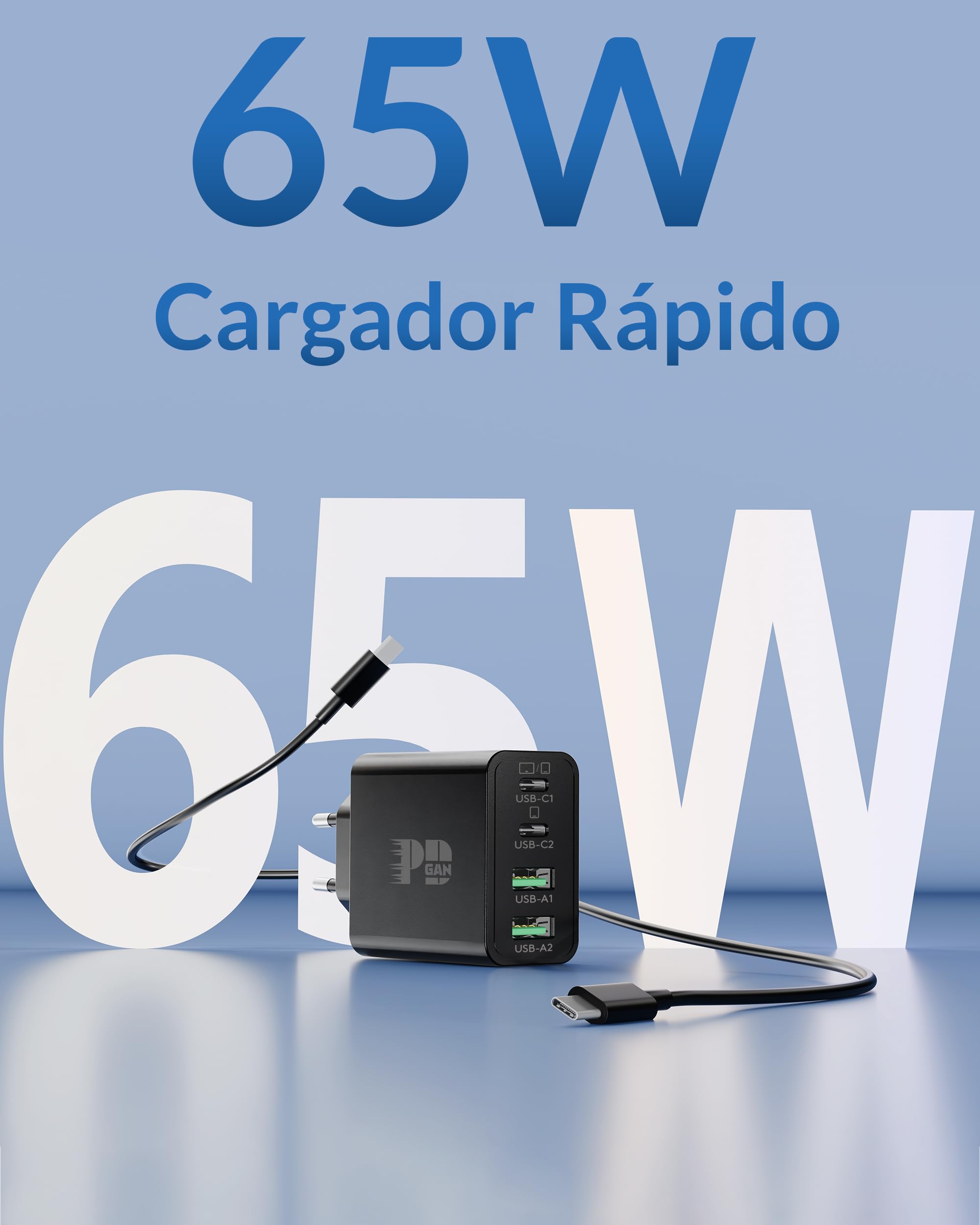 65W Cargador USB C, 4-Puerto Carga Rápido Adaptador con 240W 2M Tipo C Cable para MacBook Pro/Air, Tableta, iPad, iPhone 17/17 Air/16/15 Pro MAX, Samsung Galaxy S25/S26 Ultra, Rapida USB-C/A Enchufe