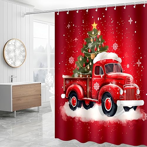 Miniatura 2 de Cortina de ducha de camión rojo de invierno, juego de cortina de ducha de invierno, decoración de baño roja con 12 ganchos, accesorios de baño de