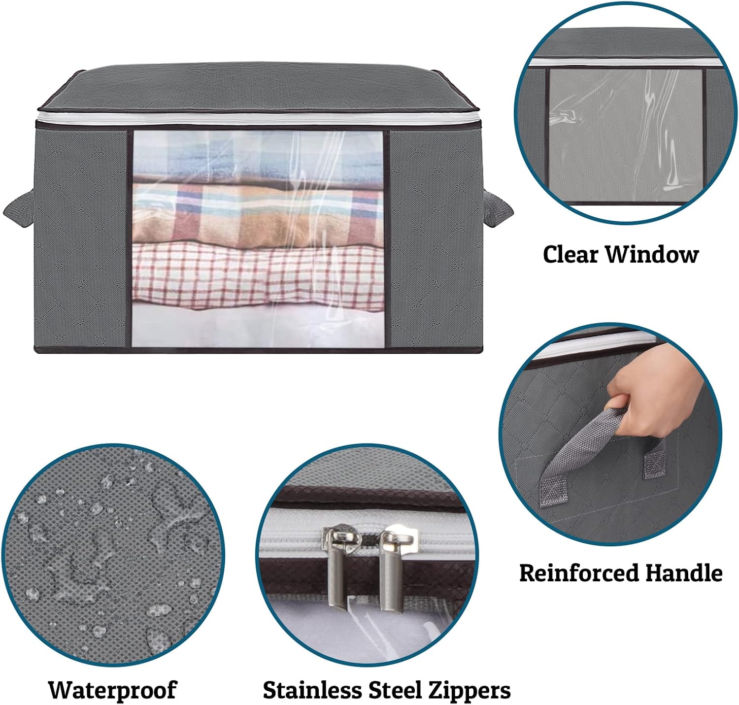 MecTo 6 Pack Clothes Storage Bag Large Capacity Under Bed Storage Organizer with Reinforced Handle Foldable Thick Fabric Storage Containers for Comforters, Blankets, Bedding (90L, Grey)
