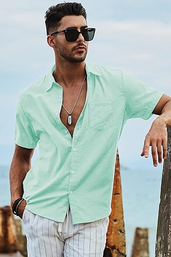 Miniatura 220 de JMIERR Camisas de vestir a rayas con botones y manga corta para hombre