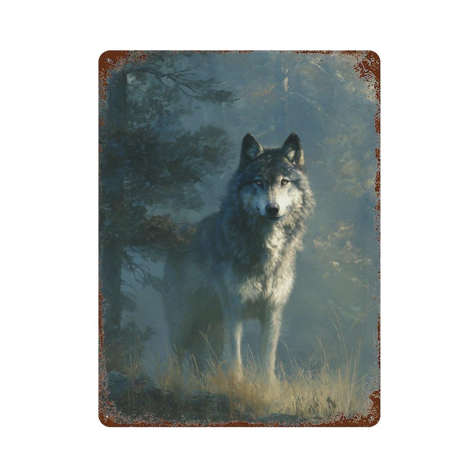 Wolf in Misty Forest Vintage Wall Sign 15.7"x11.8", Rust Effect Metal Decor for Bistro, Counter And Cafe Decor