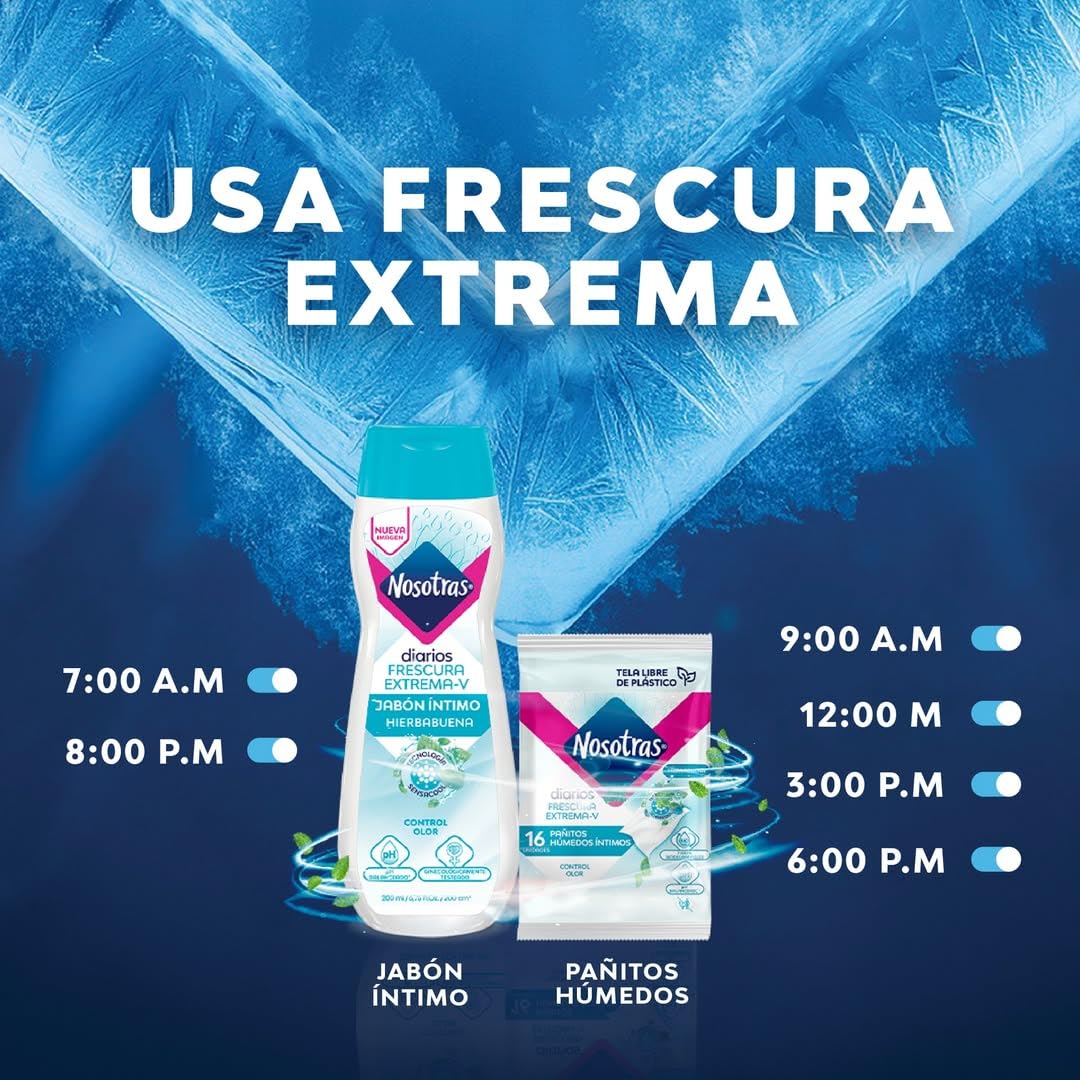 Feminine Wash Nosotras Set Intimate Soap And Wet Wipes Peppermint | Kit Jabon Intimo y Pañitos Humedos Hierbabuena Frescura Extrema-V Colombia (6.76oz - 200ml)