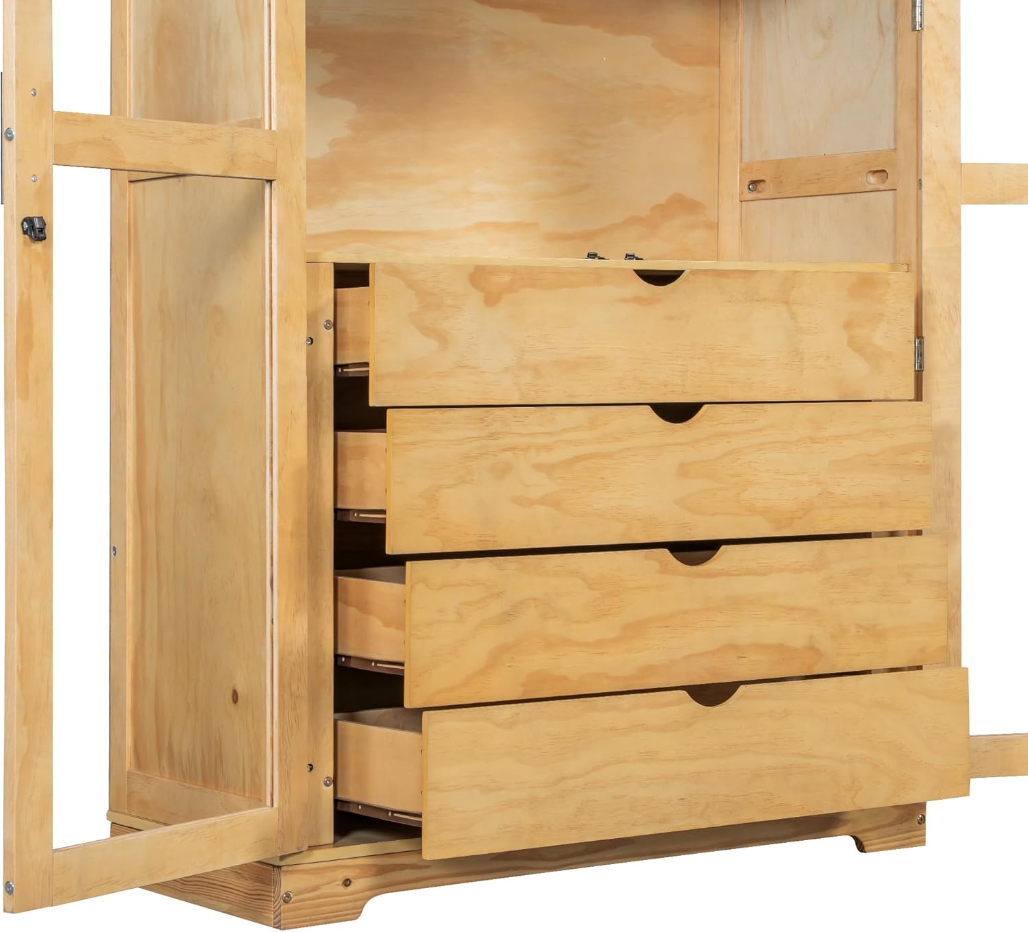 75" Solid Pine Pantry Cabinet with 4-Drawer Buffet, Navy Blue Kitchen Storage Hutch, Freestanding Microwave Stand with Glass Doors (Natural + Pine + Farmhouse)