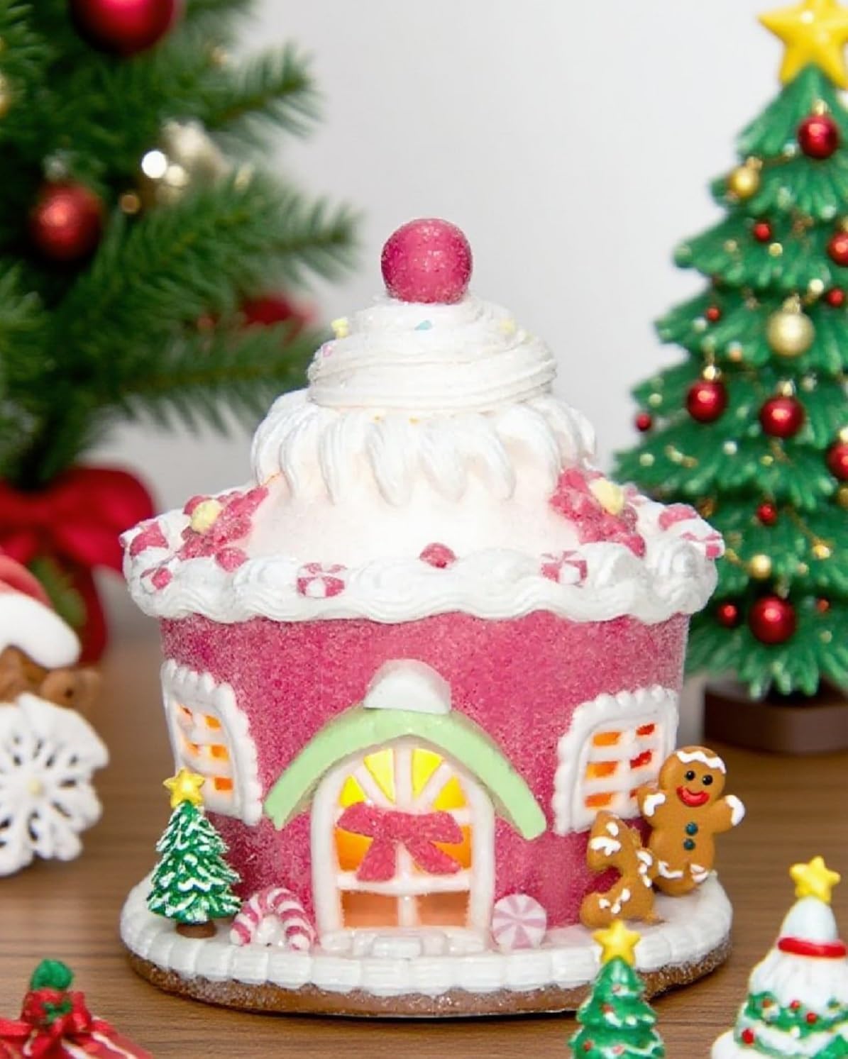 Pink Christmas Gingerbread House Decor, Light Up Gingerbread House Xmas Village Ornaments, LED Candy House Gingerbread Decorations Desktop Adornment for Christmas Decor
