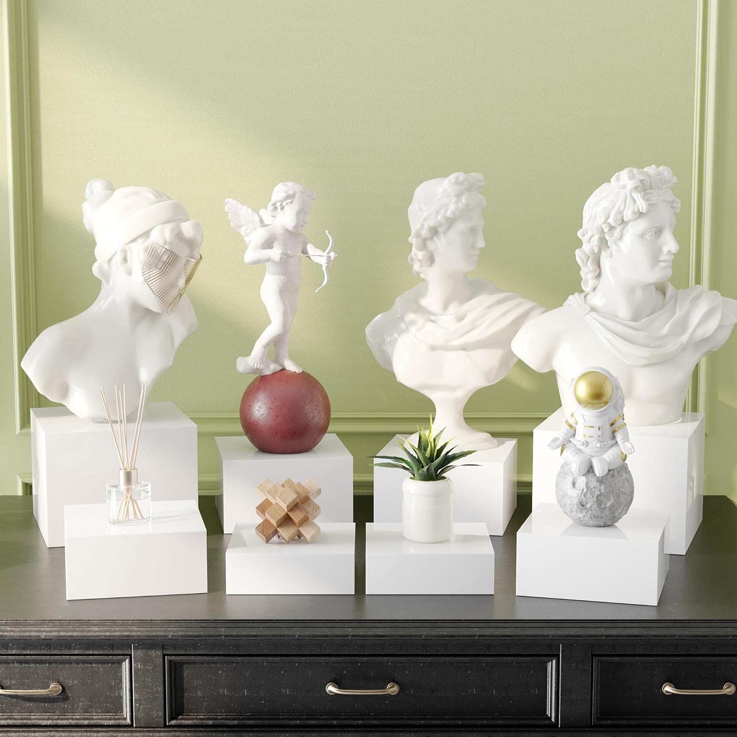 8 pièces Presentoir buffet avec mini panneaux de table, Présentoir acrylique, Cube en acrylique blanc avec fond creux, pour desserts/bijoux