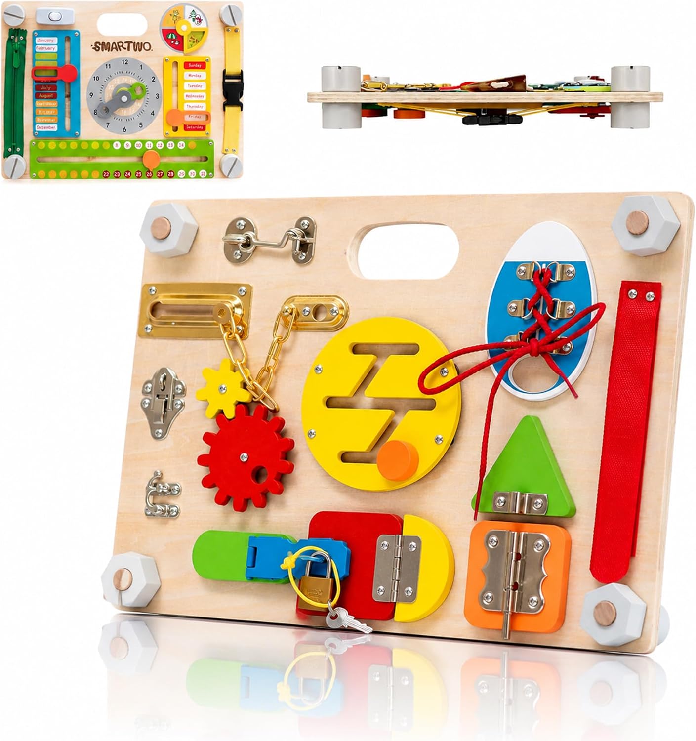 Double-Sided Busy Board,Montessori Activities Wooden Sensory Toy | for Preschool Educational Learning, Train Fine Motor, Concentration, and Life Skill Abilities for Kids 3+ Years Old