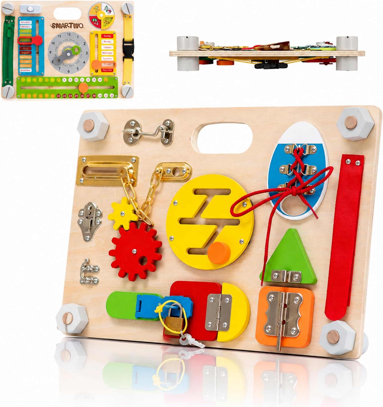 Montessori Busy Board for Toddlers 3+, Double Sided Sensory Board | 2-in-1, 20+Activities, Fine Motor Skills Toy, Calendar Learning Board, Life Skills Travel Toy