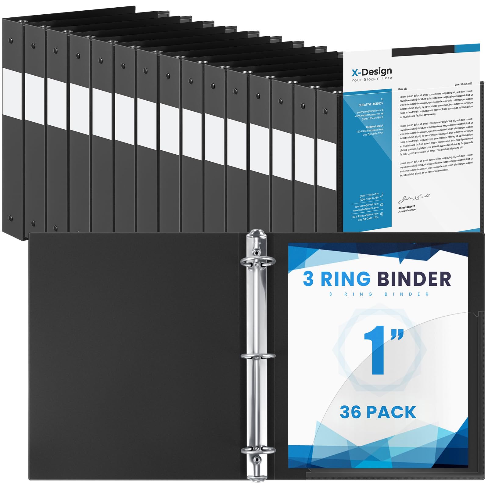 Henoyso 36 Pack 1 Inch 3 Ring Binder with Clear Cover Fit Letter Size 8.5" x 11" Paper Holds 240 Sheets, Bulk Binders for Organizing School, Office & Classroom Documents, 1 Pocket (Black)