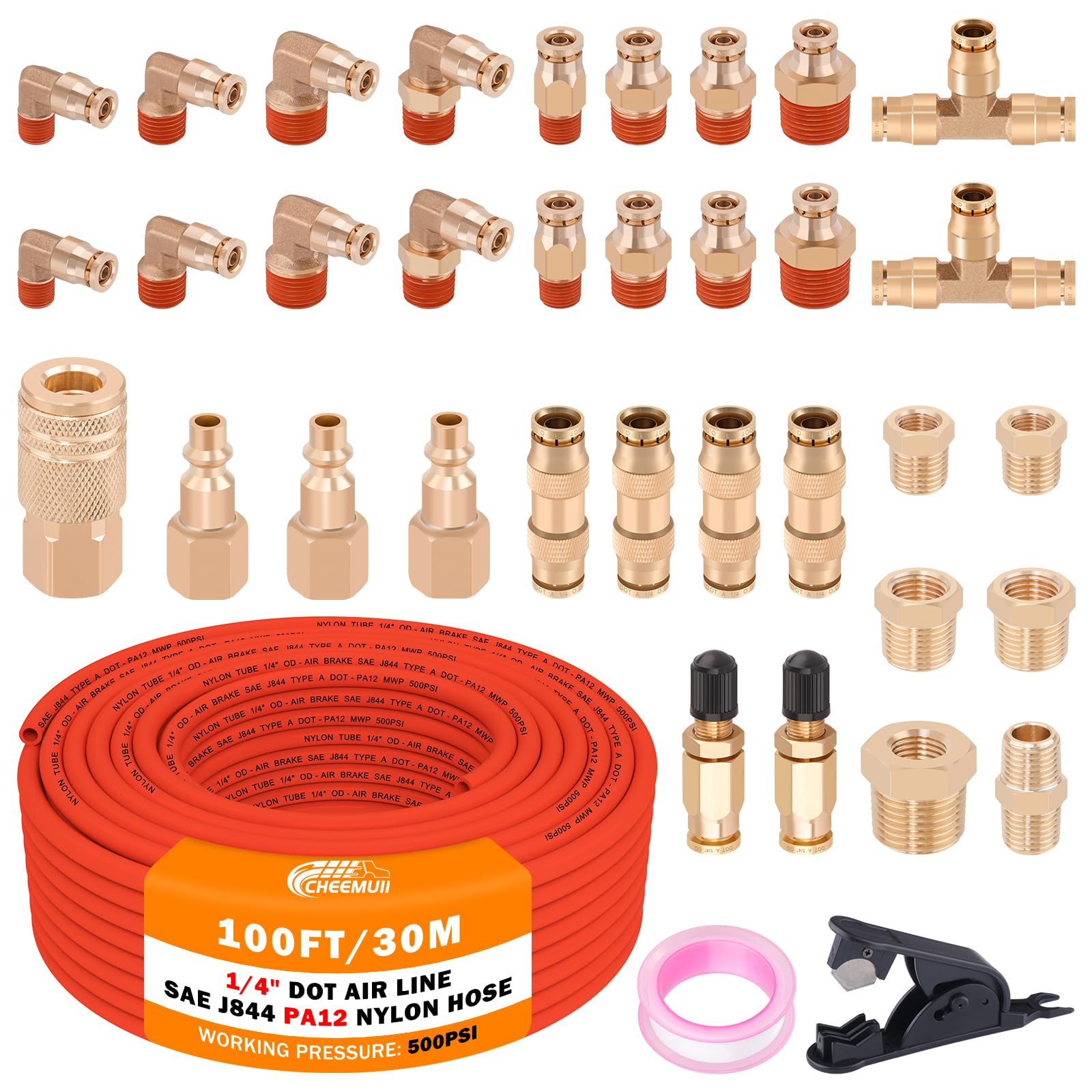CheeMuii 100 FT 1/4" DOT Air Line with 34 Pcs Brass DOT Air Line Fittings Kit 30.5 Meter 1/4 Red Air Lines Service Kit with Push Lock Air Fitting Air