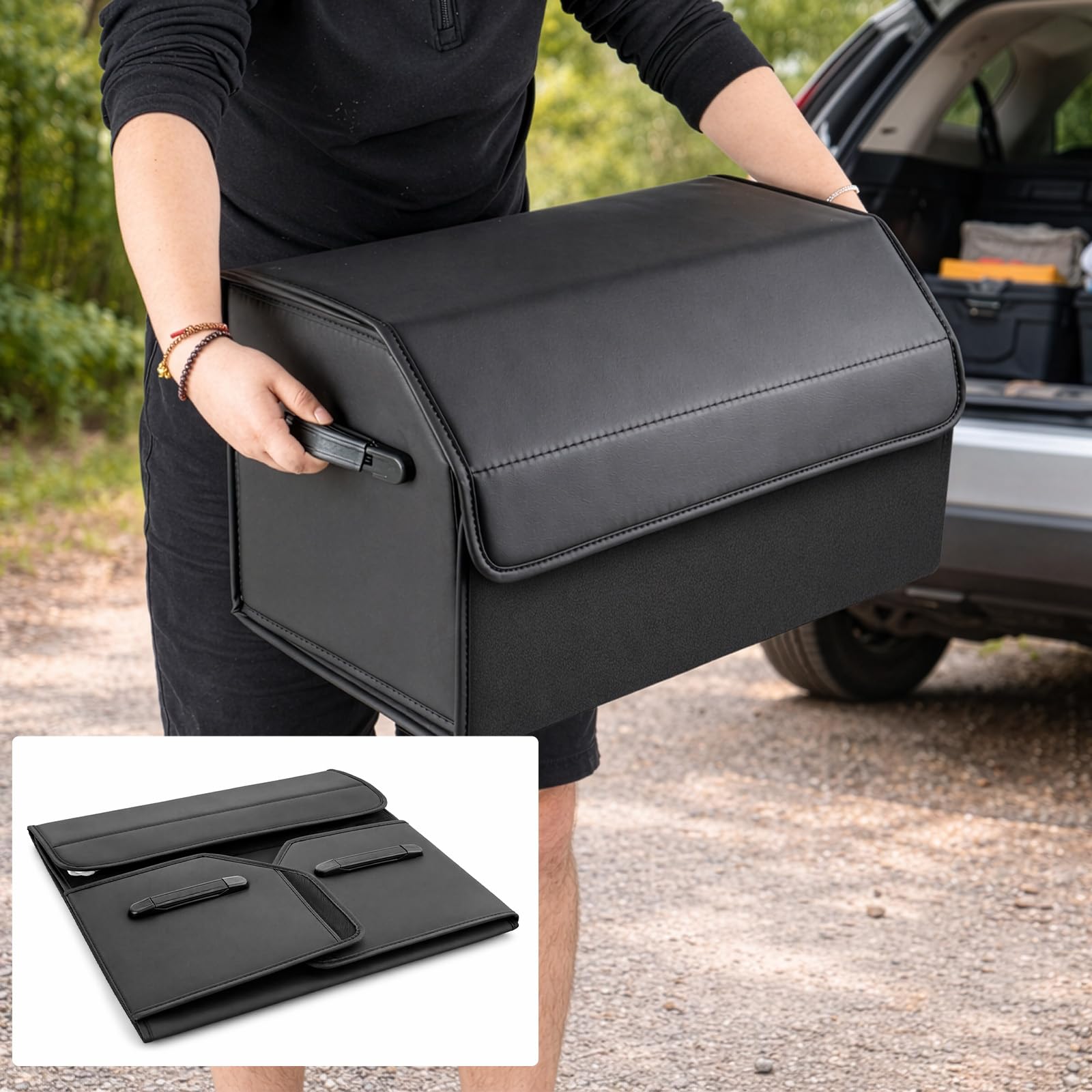 Auto Kofferraum Organizer faltbar mit Deckel wasserabweisende Aufbewahrungsbox aus Kunstleder verschleißfest mit Griffen für SUV Limousine Camping Einkauf Haushalt (M: 54 x 29.5 x 34 cm)
