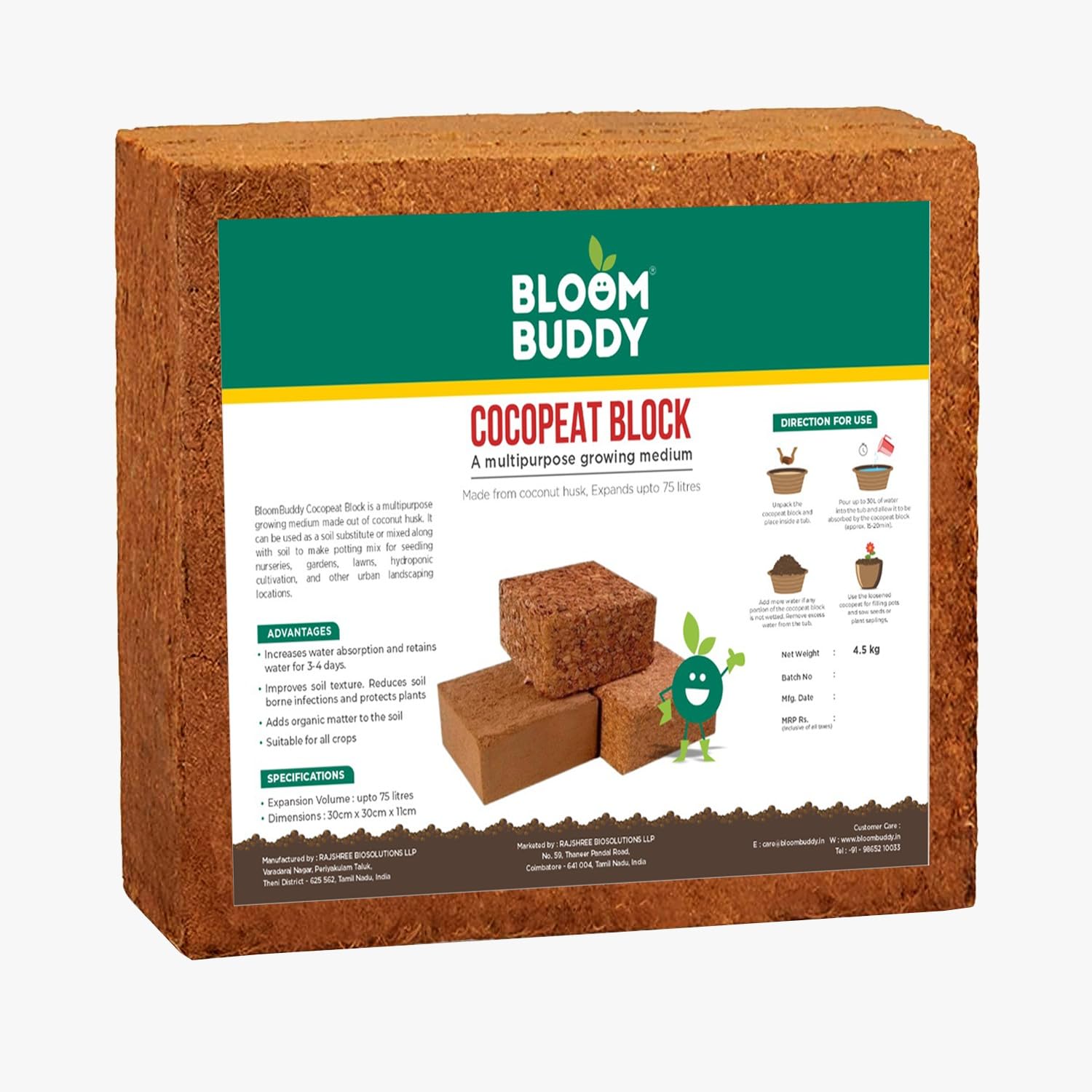 BloomBuddy Cocopeat Block 4.5kg | Growing Medium for Gardening & Plants | Expands Upto 75 litres of Coco Peat Powder | Kitchen Gardening, Terrace Gardening, Indoor Plants and Outdoor Plants