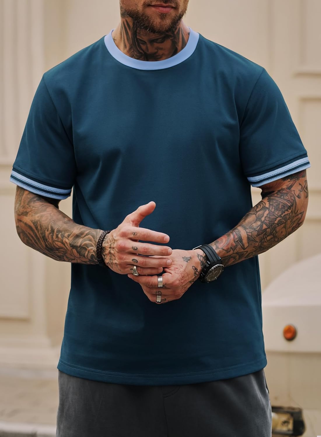 Mens Ringer Tshirt Casual Heavyweight Summer Crewneck Short Sleeve Shirts (S-XXL) - Image 3