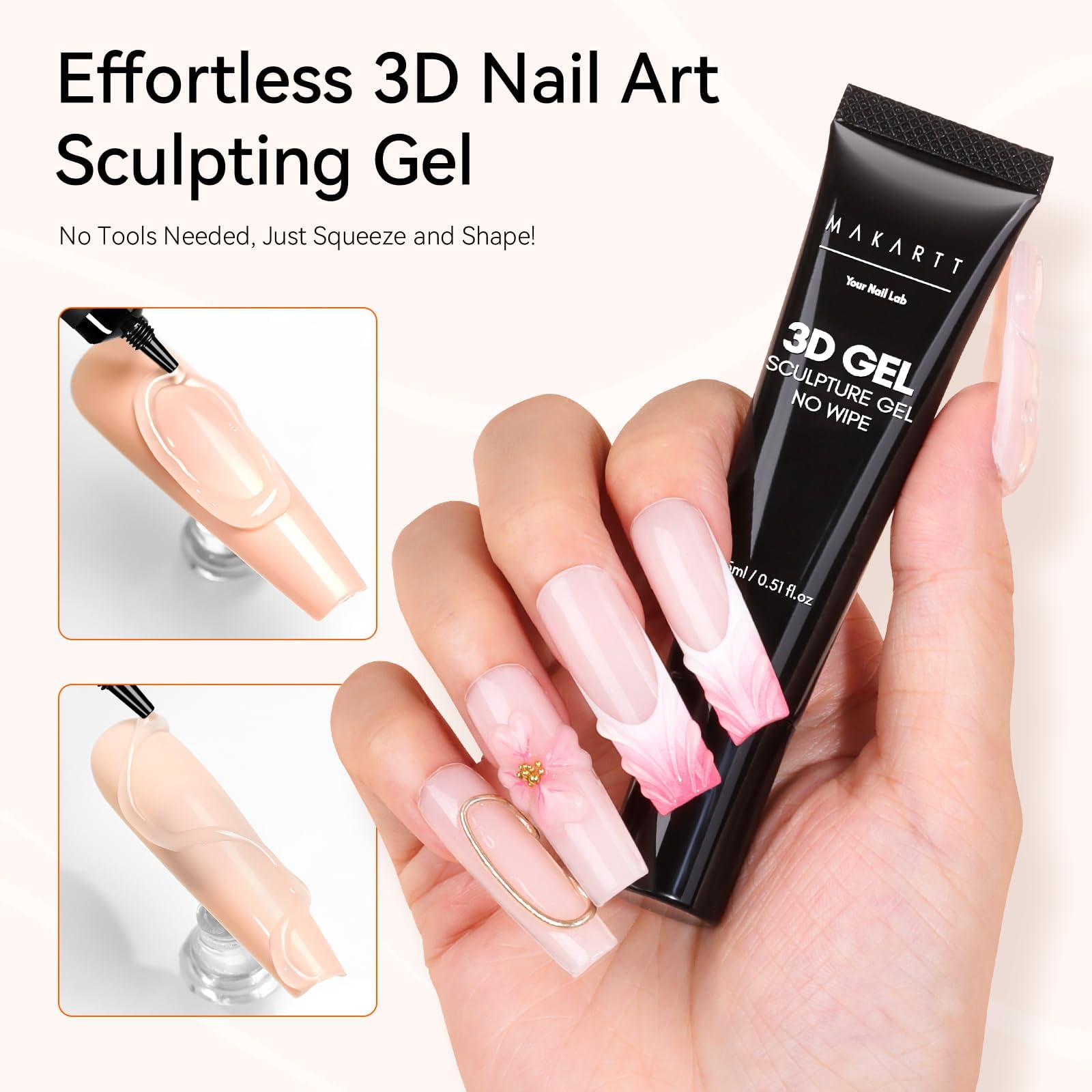 Makartt Gel 3D Nail Art - 3 en 1 Rhinestone Glue Gel pour Ongle & Colle à Ongles Sculpting Gel Polish pour Nail Charms Design dans la salon DIY at Maison Transparent UV LED 15ml - 5