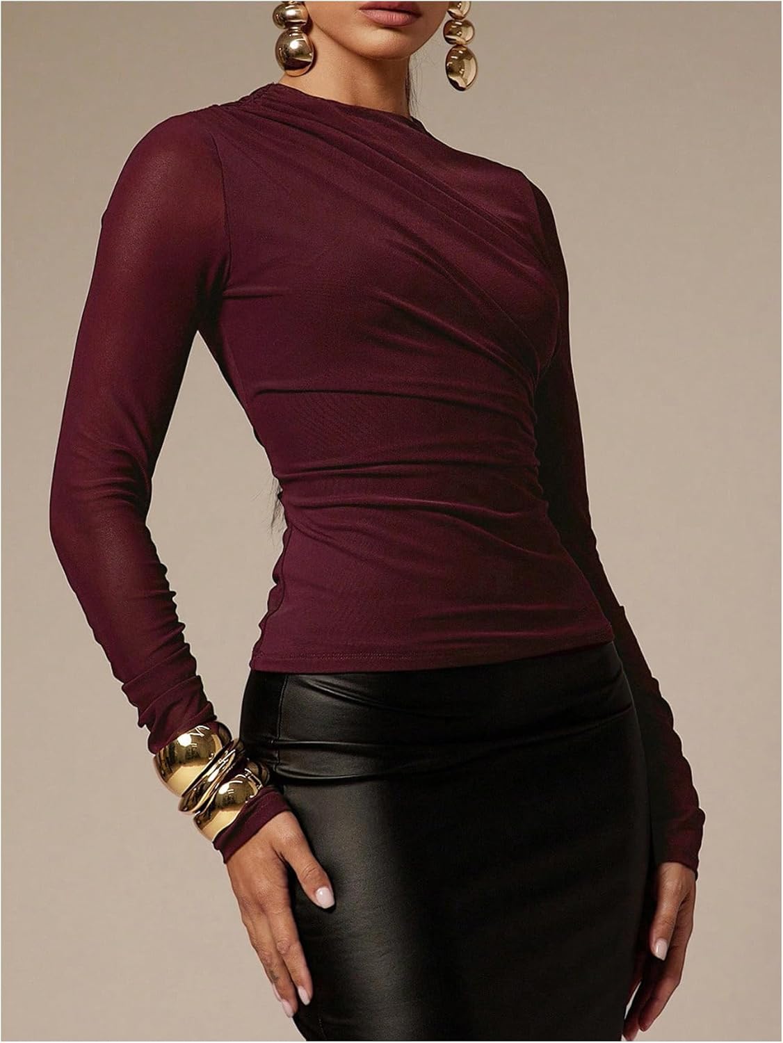 Milumia Women's Long Sleeve Mesh Top Mock Neck Ruched Fitted Tops Going Out Shirts - Image 2