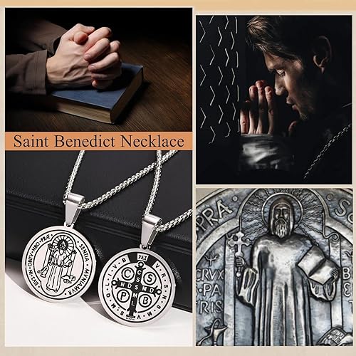Miniatura 5 de Collar de plata de ley 925 con medalla de San Benito para hombres y mujeres, medallas sacramentales católicas para protección contra el mal, joyería