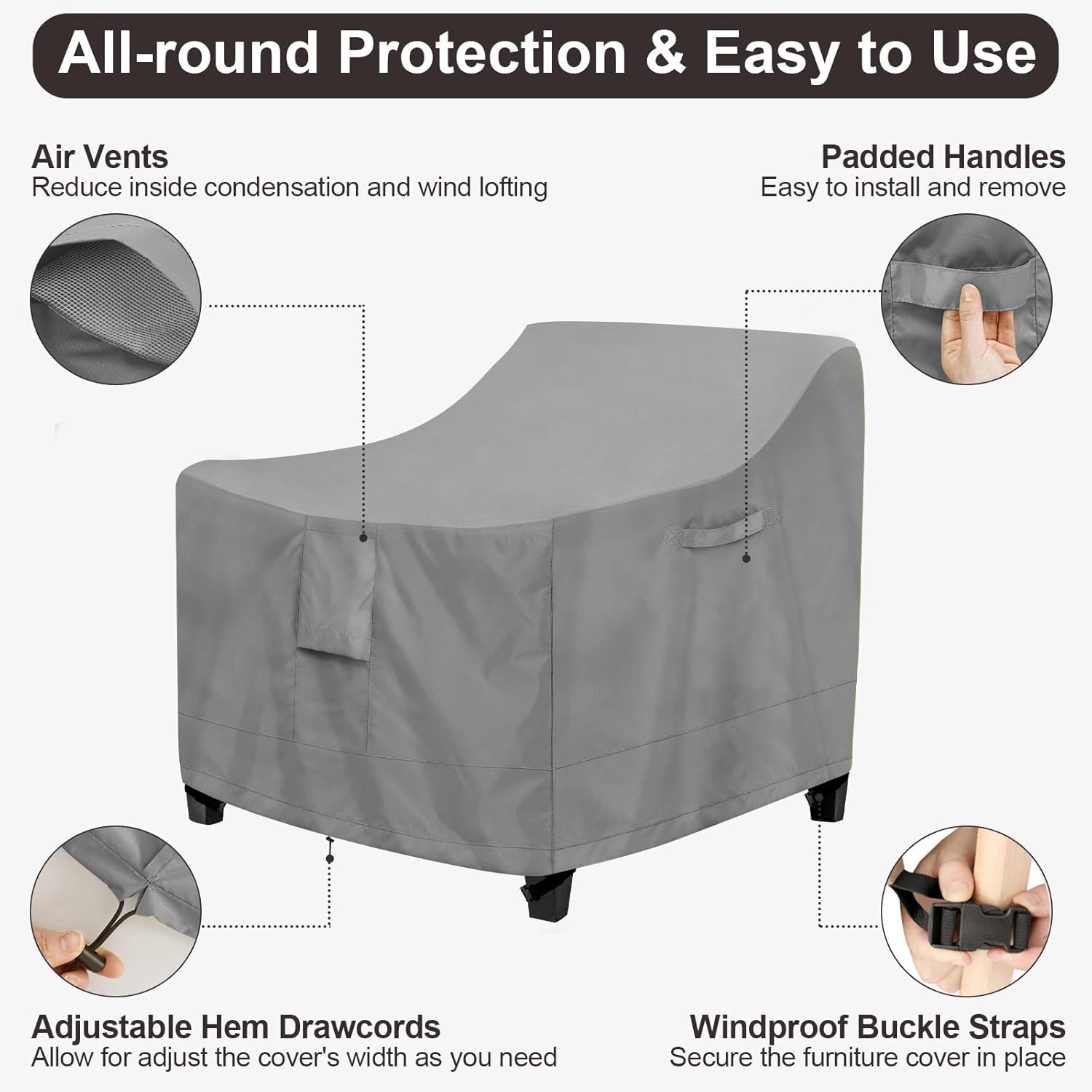 PureFit Outdoor Chair Covers Waterproof Patio Furniture Lawn Chair Covers for Outdoor Furniture with Air Vent and Padded Handles, Fits up to 28W x 30D x 31H Inches, Gray
