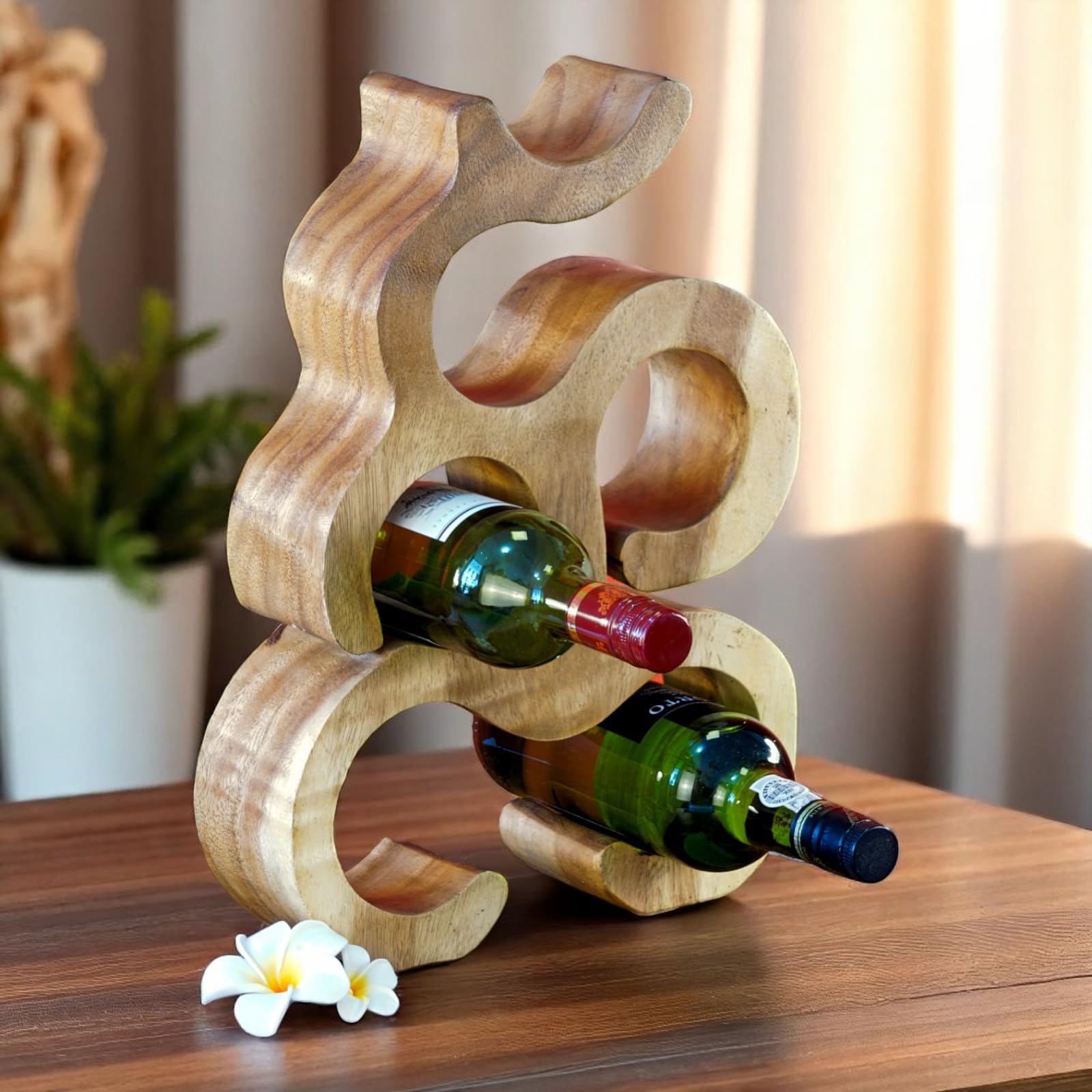 Kinaree Estantería de madera para 6 botellas. Hecho a mano de madera maciza Suar. Estante para botellas en naturaleza o colonial - Diseño asiático – aprox. 40x30x9 cm