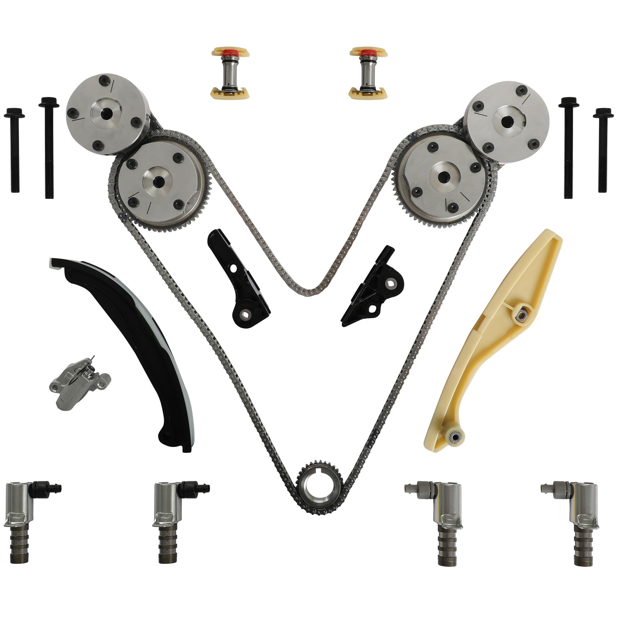 Photo 1 of Timing Chain Kit w/VVT Solenoids Fit For Ford Edge Explorer F-150 3.5L 3.7L 2011-2017 Mustang Flex Taurus Transit Lincoln Mkx Mkz Mks Includes AT4Z6268B AT4Z6M280A AT4Z6256A Replacement Set