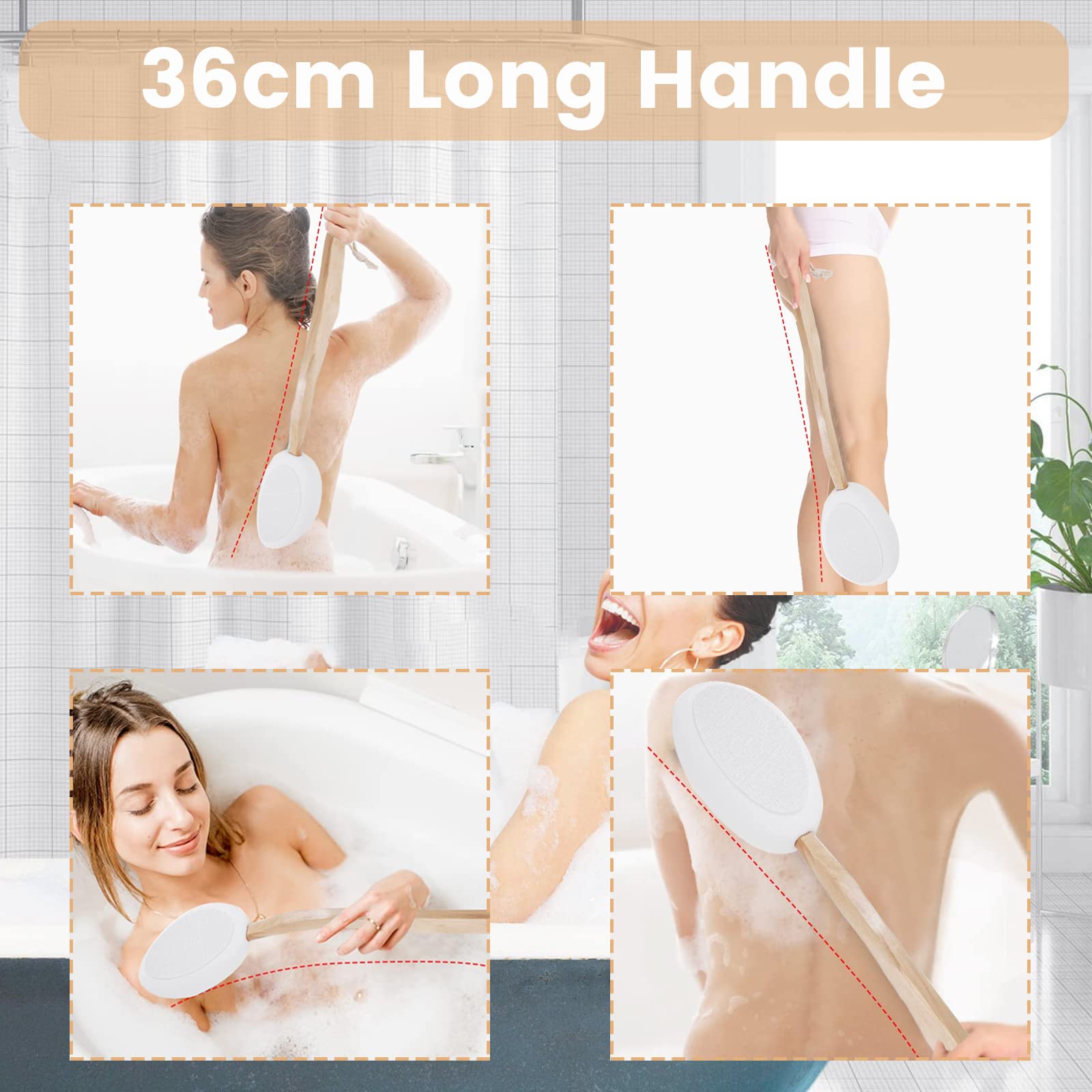 Spalma Crema Schiena Set da 7 pezzi Spazzola Corpo Manico in Legno con 4 Teste di Ricambio Spazzola Lava Schiena da Doccia Spazzola per il Corpo con Manico per Spazzolare a Umido o a Secco