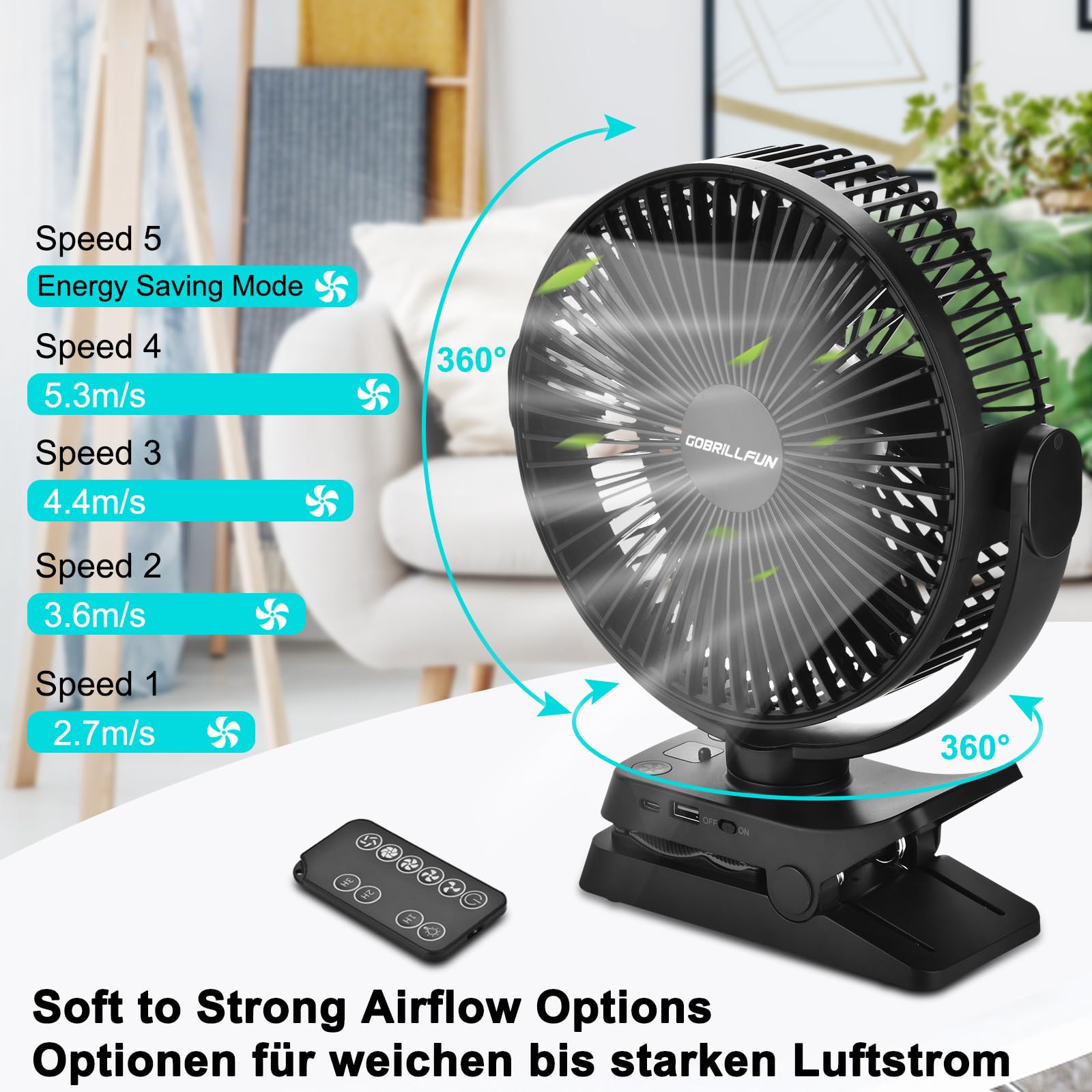 GOBRILLFUN Ventilatore a clip da 12000 mAh con telecomando, ricaricabile tramite USB con luci LED, ventilatore a batteria con 5 velocità per ufficio, viaggi all'aperto, campeggio, tenda (8,3 pollici)