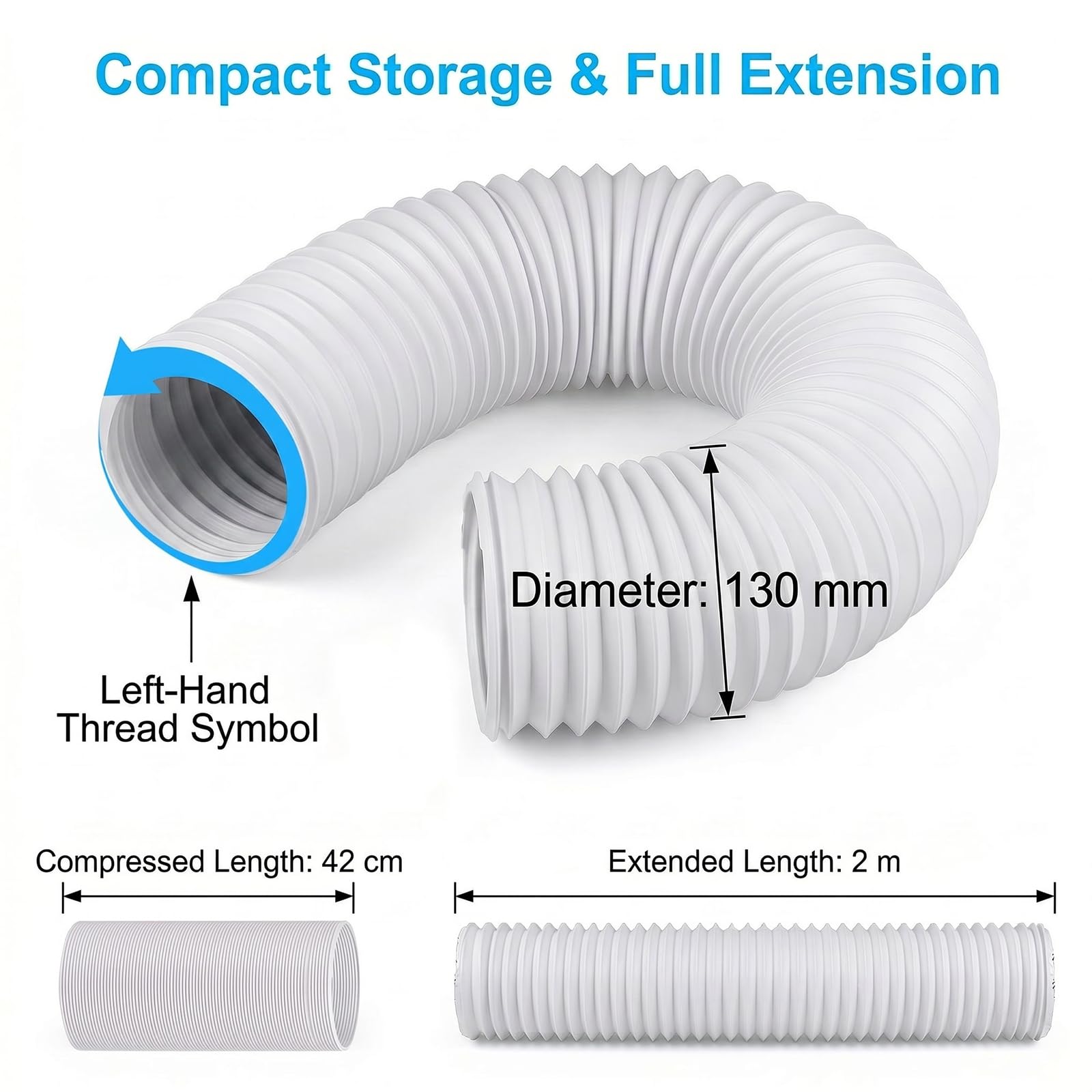 Abluftschlauch Klimagerät 130 mm – PVC Flexschlauch ausziehbar 0,42–2 m für mobile Klimaanlagen, Wäschetrockner & Lüftung – Weiß