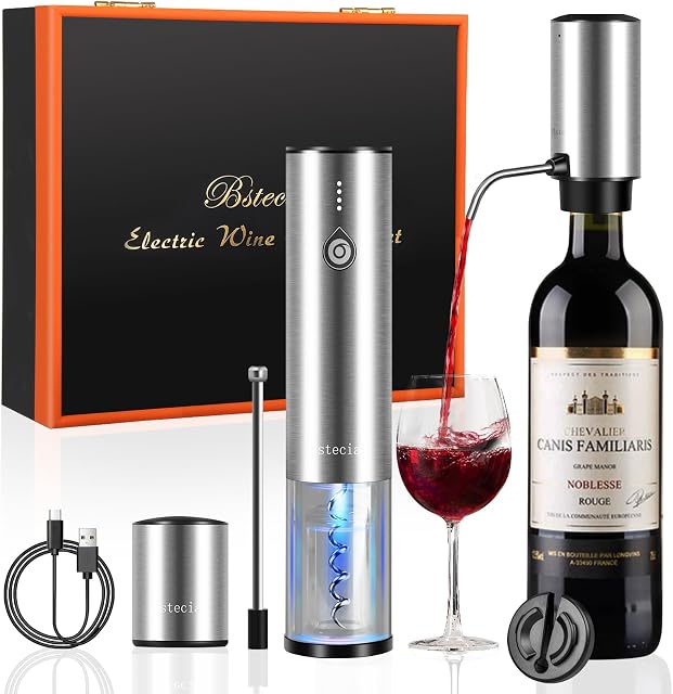 Electric Wine Openers Set with Wooden Case,One-click Automatic Electric Wine Bottle Opener Set,2in1 Wine Aerator&Pourer,Staniless Steel Rechargeable Corkscrew Wine Openers Set Chrismas Wine Gift