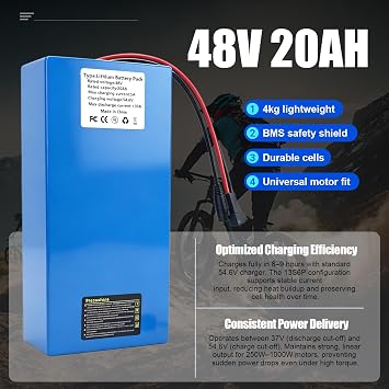 48V 20Ah Battery with 30A BMS, XT60/T Plug Adapter, Waterproof PVC Layer for 250w-1000w DIY Projects