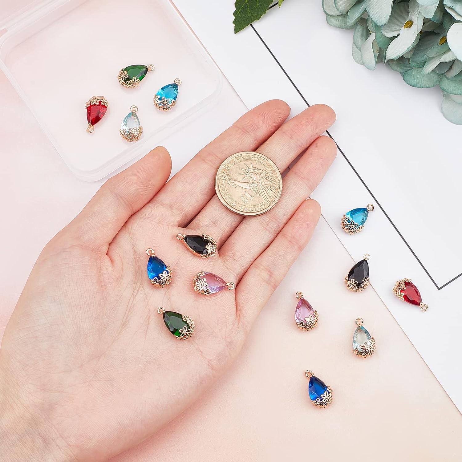 SUNNYCLUE 1 Box 14Pcs 7 Colors Teardrop with Flower Charms Transparent Glass Crystal Pendants Waterdrop Rhinestone pendant Jewelry Findings for beginners Women DIY Earring Jewelry Making - Image 4