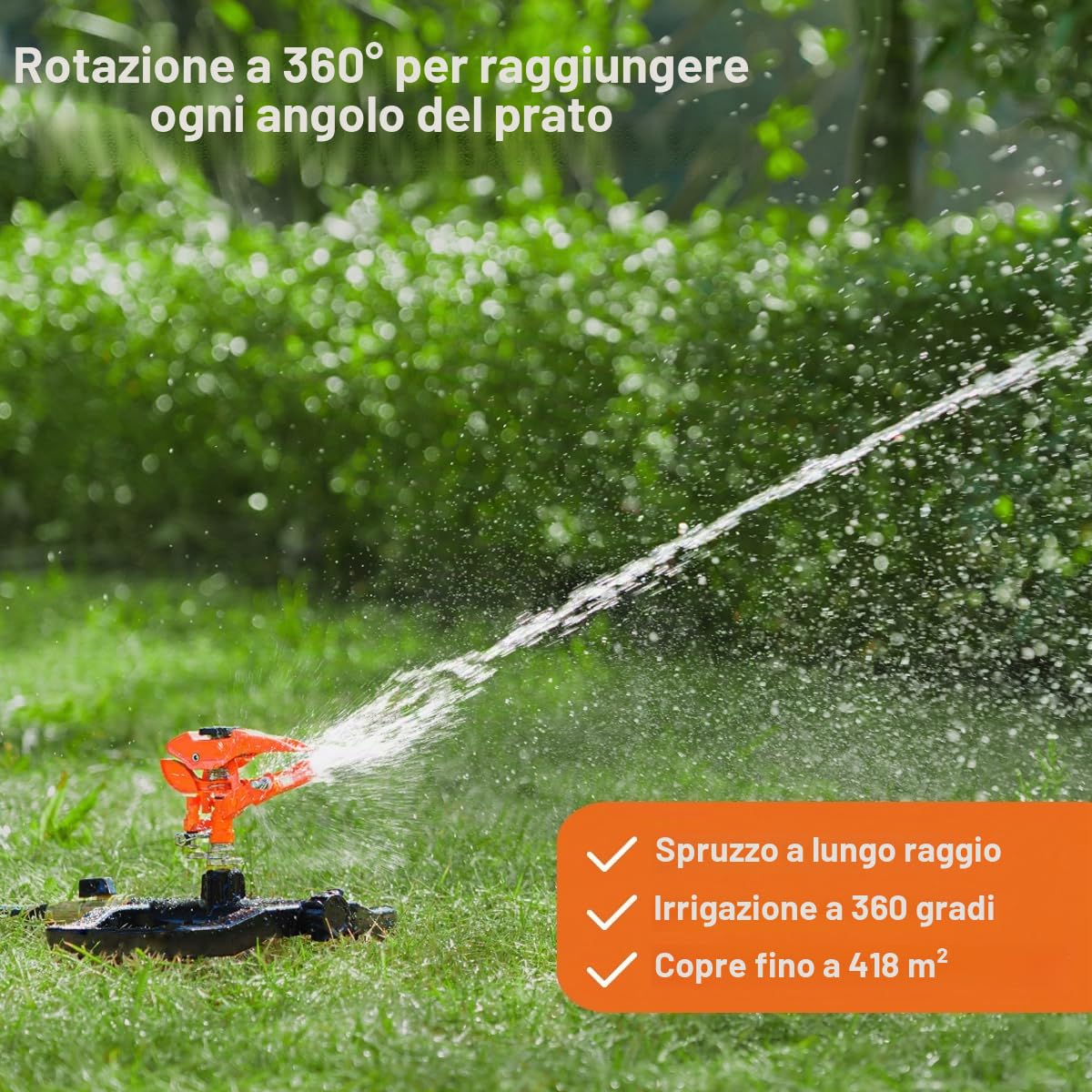 FANHAO Irrigatore a Impulsi ad alta Resistenza per Cortile, Base 100% Metallo con Irrigatori per prato Rotanti a 360 Gradi, Irrigatore Regolabile da Giardino per Grandi Area, Copertura fino a 540 m²