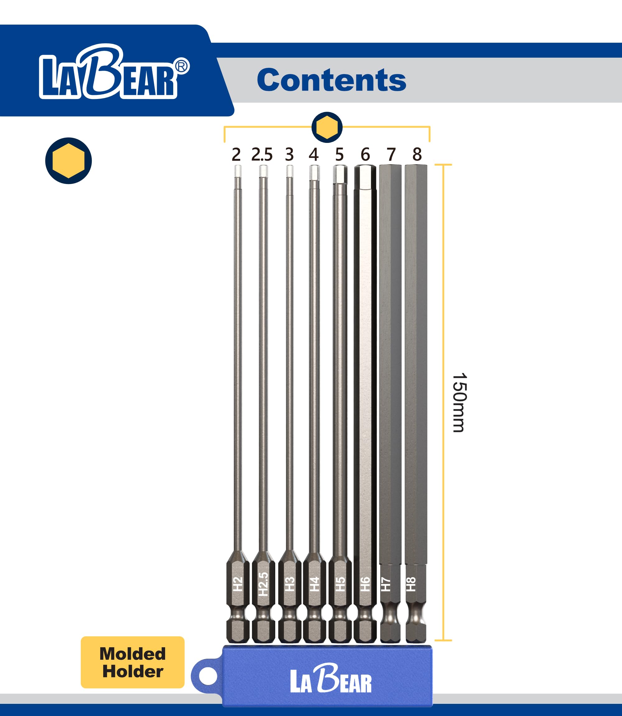 LABEAR - 8pc Hex bit set METRIC 6 inch long, 1/4