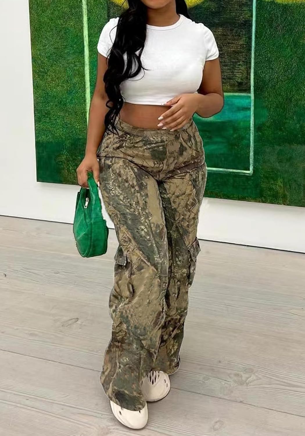 Famnbro Camo Pants Women Mid Waist Straight Leg Baggy Camouflage Cargo Pants Streetwear Trousers - Image 2