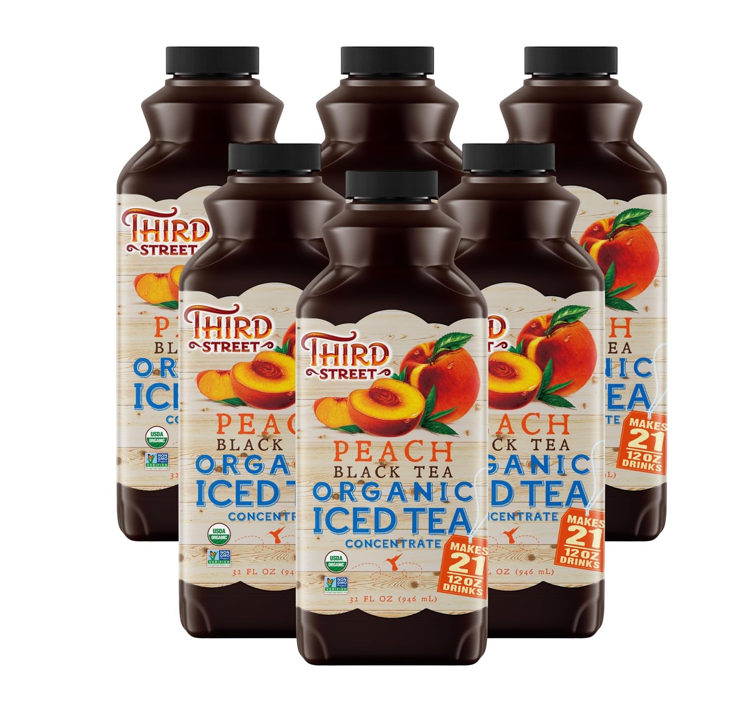 Third Street Chai Organic Peach Black Tea Concentrate 6-Pack, Premium Black Tea Concentrate 32 Fl. Oz, Peach and Balanced Flavor, Beverage Concentrate 7:1, Vegan, Gluten Free, Kosher, Non-GMO