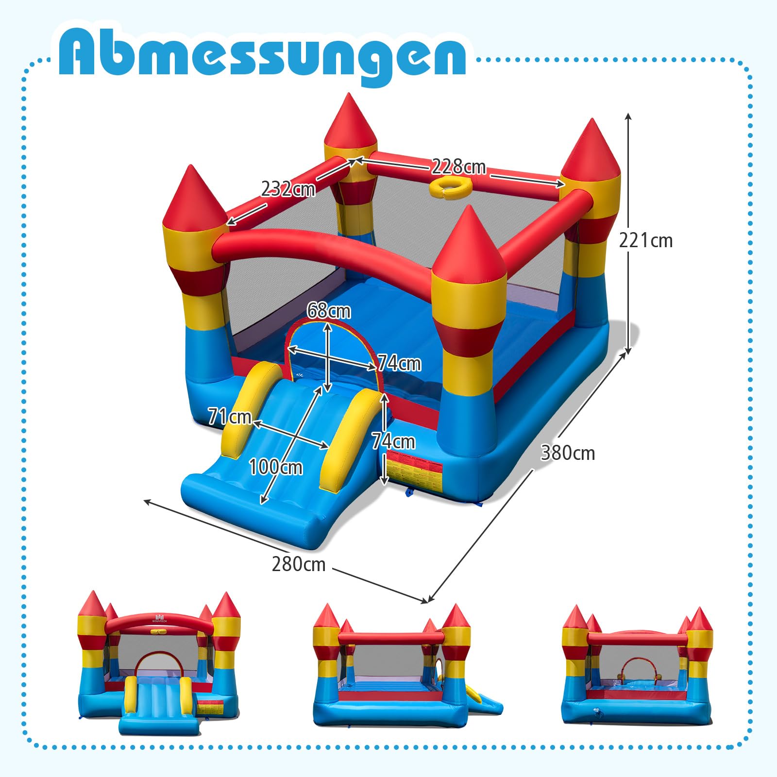 COSTWAY Hüpfburg mit 550W Gebläse, Rutsche und großem Sprungbereich, Kinder Springburg für Indoor & Outdoor, inkl. Tragetasche, Reparaturset, 380 x 280 x 221 cm