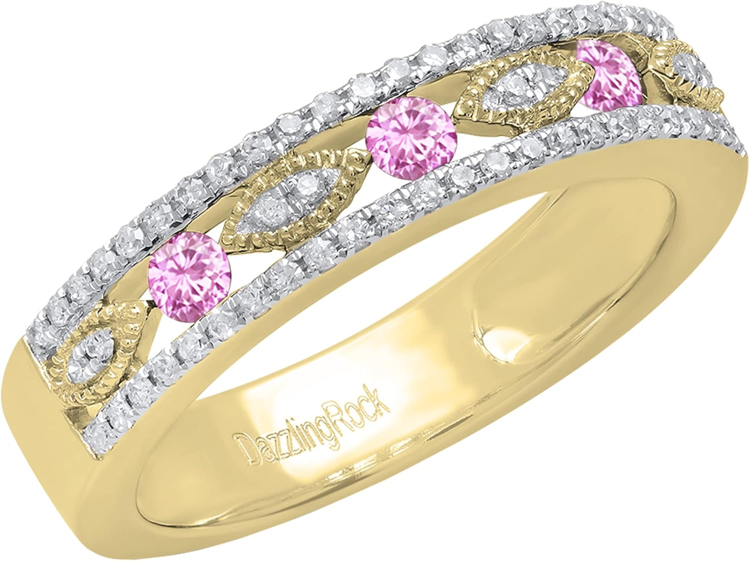 Dazzlingrock Collection 2.5mm Round Gemstone & White Diamond Marquise Miligrain Stackable Wedding Band for Women in Gold