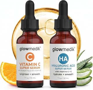 Glowmedik Summer Glow Bundle - Vitamin C Serum for Face and Hyaluronic Acid Serum Bundle, Brightening facial serums Skincare Set with Vitamin E, Aloe, Centella & Jojoba, Mother’s Day Gift for Mom