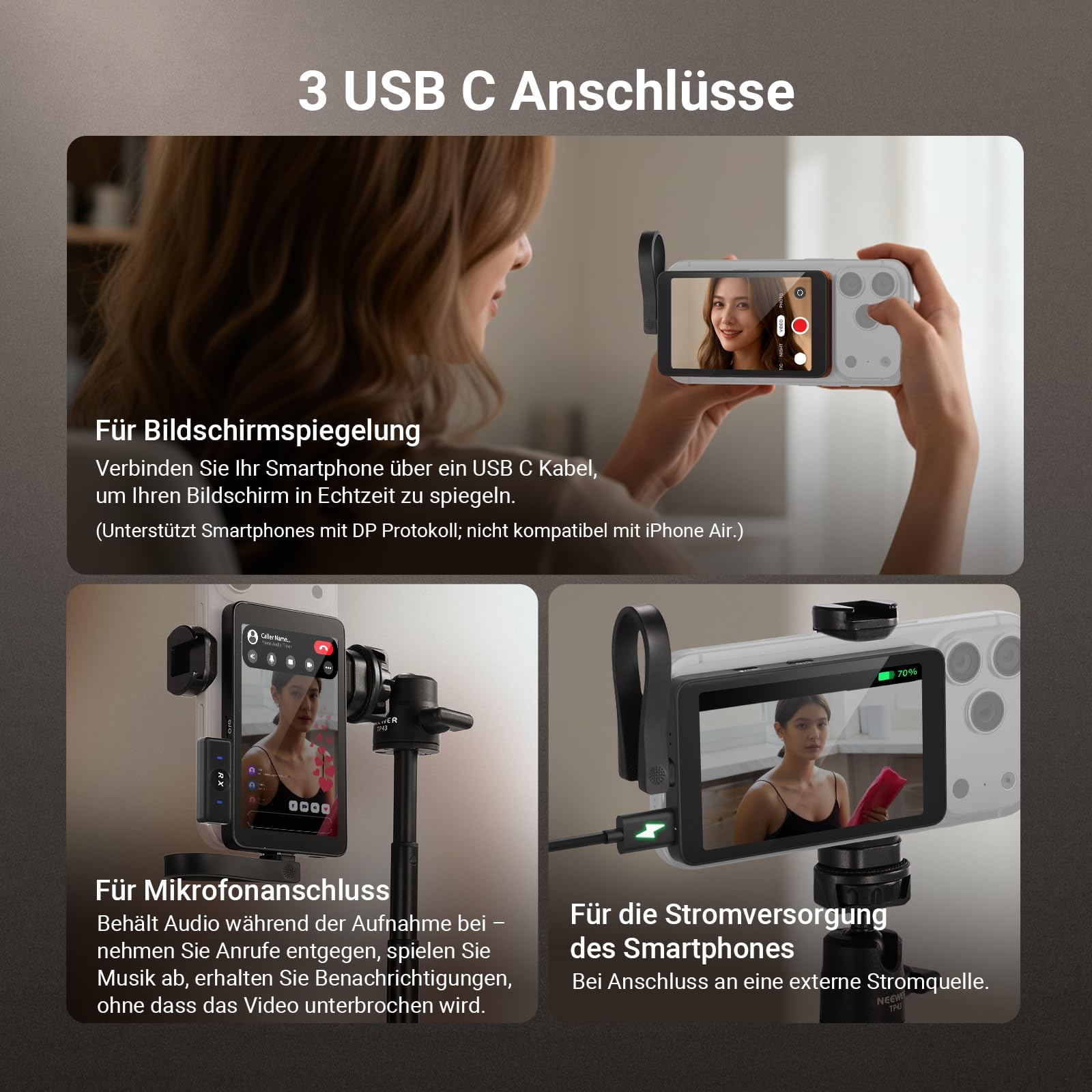 NEEWER 4" Monitor für Smartphone Vlogs und Selfies, Smartphone Rückkamera Monitor mit Fernbedienung für YouTube und TikTok Videostreaming