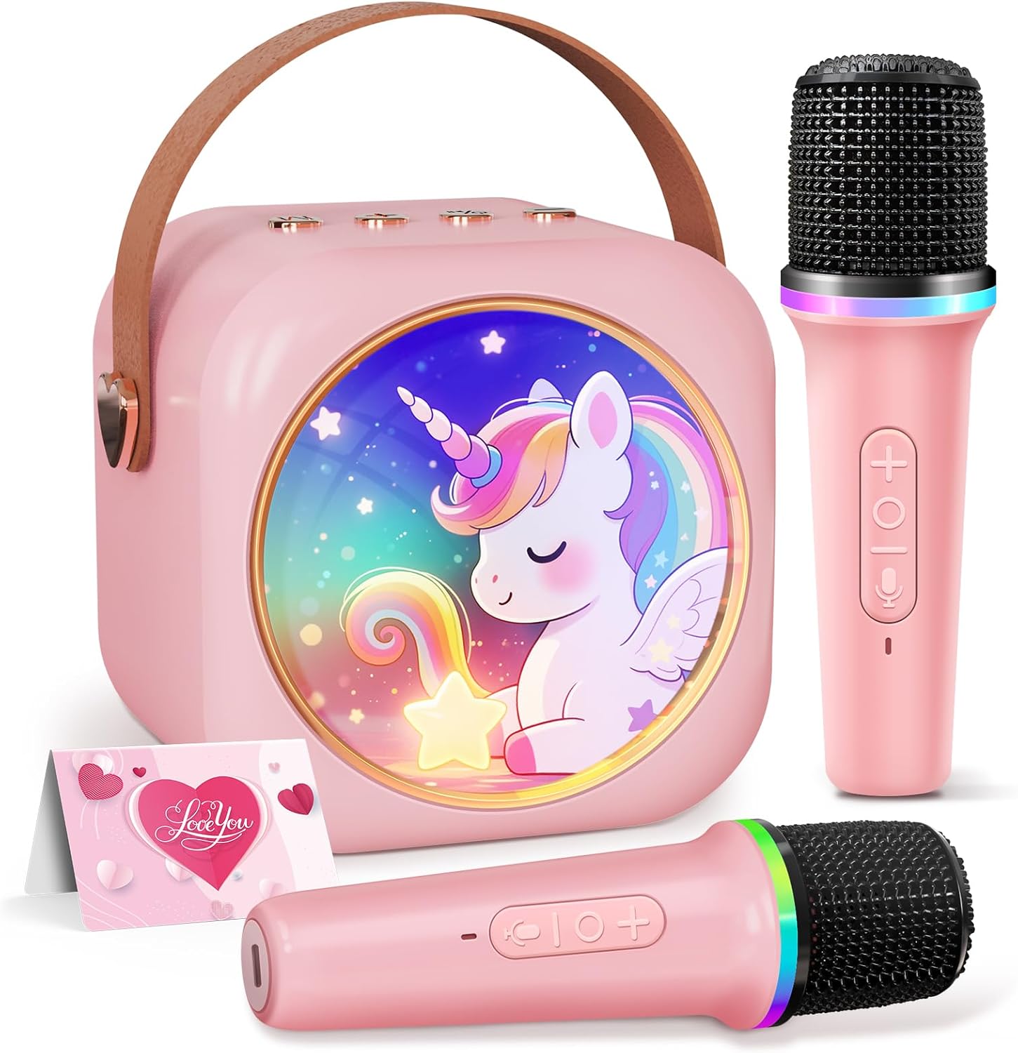 Mini Karaoke Machine with 2 Wireless Microphones,Gift for 3-12 Years Old, 2026 Best Christmas Birthday Toy for Girls Boys Party (Pink)