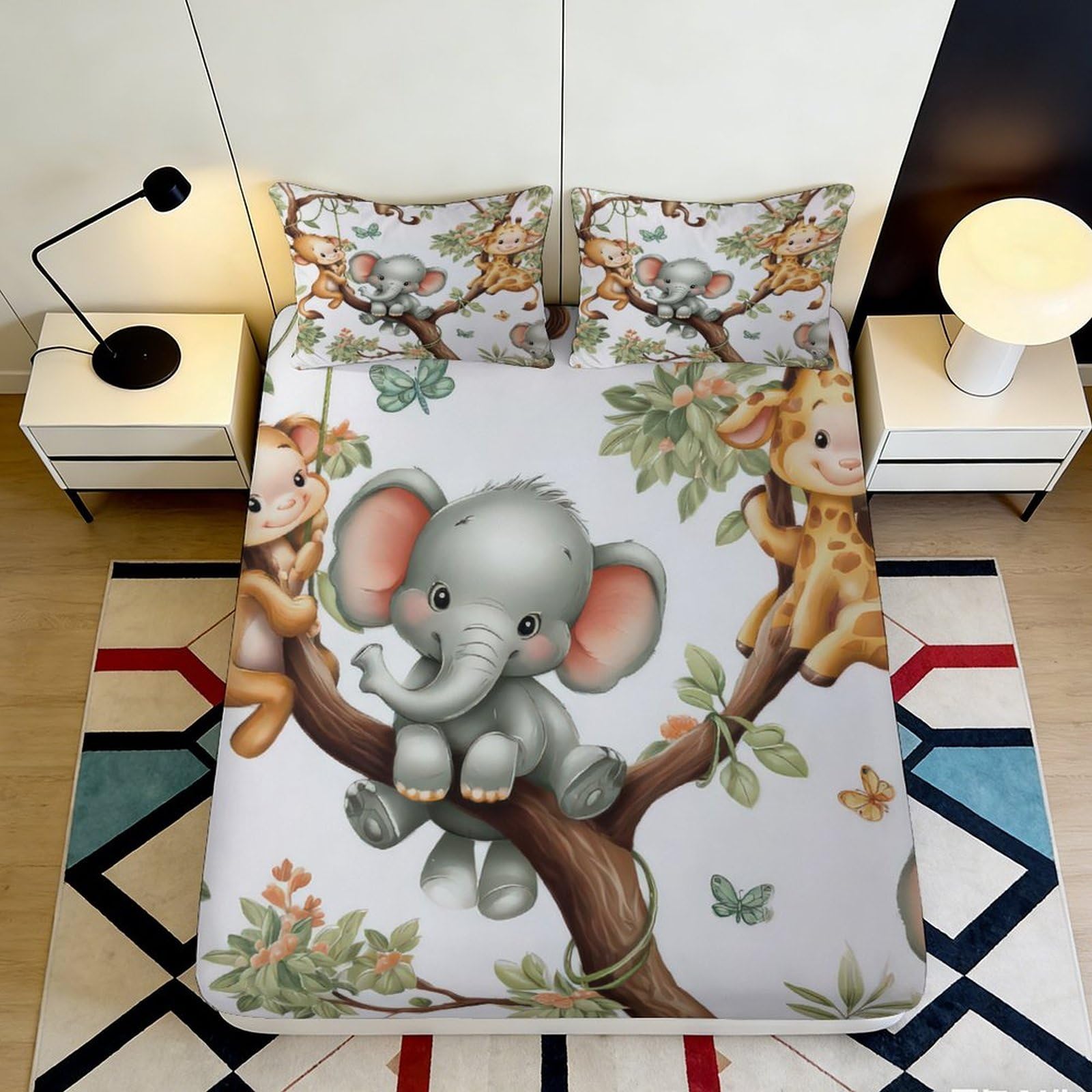 3D Printed Cartoon Elephant Fitted Sheet Microfiber Soft Breathable Animal Tree Mattress Cover for Bedroom Dorm Decor 90x200x25cm