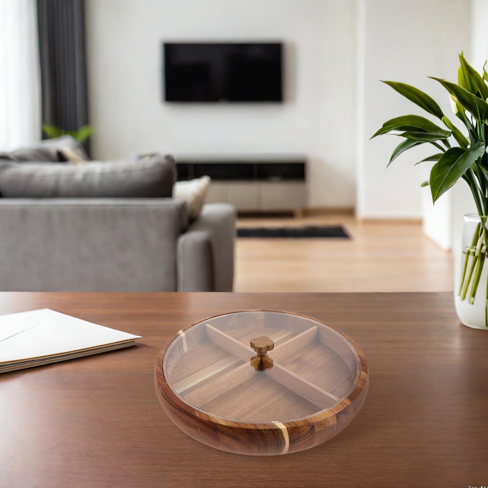 Abaodam Plateau de Service Rond en Bois avec Couvercle Transparent et Compartiments Multiples, Plateau Décoratif pour Fruits Secs et Fruits, pour Fêtes et Réceptions