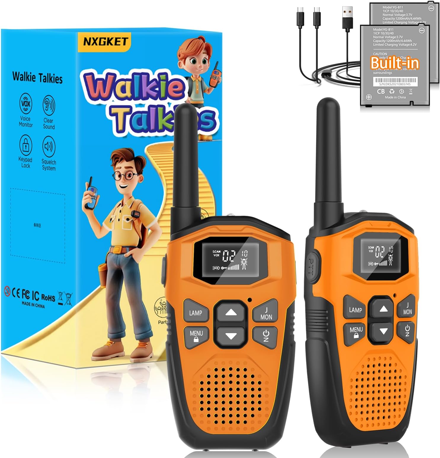 Walkie Talkies for Adults Kids Long Range,NXGKET Rechargeable Walky Talky Radio 2 Pack With Built-In Batteries,Kids Toys for 3-12 Years Old,VOX 16 Channels Usb Type-C Cable For Outdoor Camping Hiking