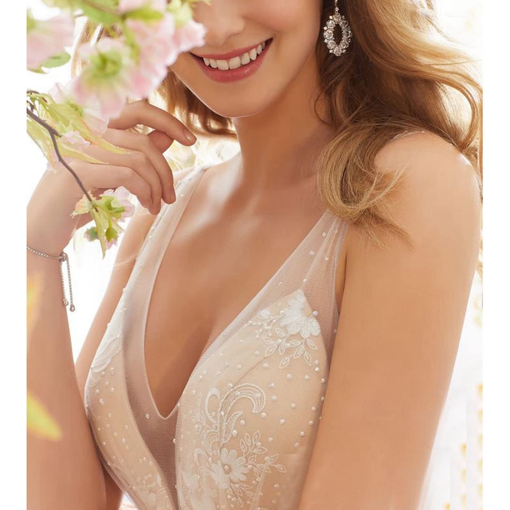 Dawwoti Vestido De Novia para Mujer Double V Cuello Una Línea Empire Wasit Lace Tuille Vestidos De Noche