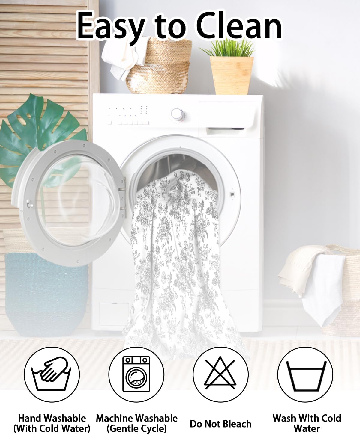 Boho Floral Curtains 52x84 Inch for Living Room, Black and White Botanical Print Semi-Sheer Window Curtains with Rod Pocket Design, Drapes for Bedroom Living Room, 2 Panels