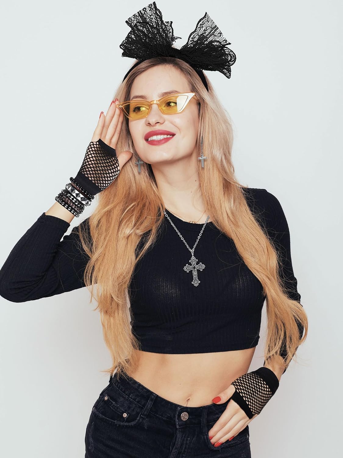 Ecation 7 Pcs 80s Women Costume Accessories Halloween Leather Punk Bracelet Black Cross Necklace Lace Headband Fishnet Glove